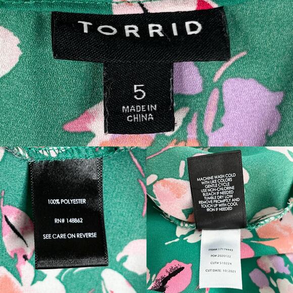 Torrid V-Neck Blouse Tunic Green Pink Floral 5 Spring - Picture 3 of 11